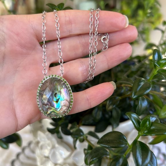 Elegant Sterling Silver & Abalone with Green Garnets Pendant Necklace
